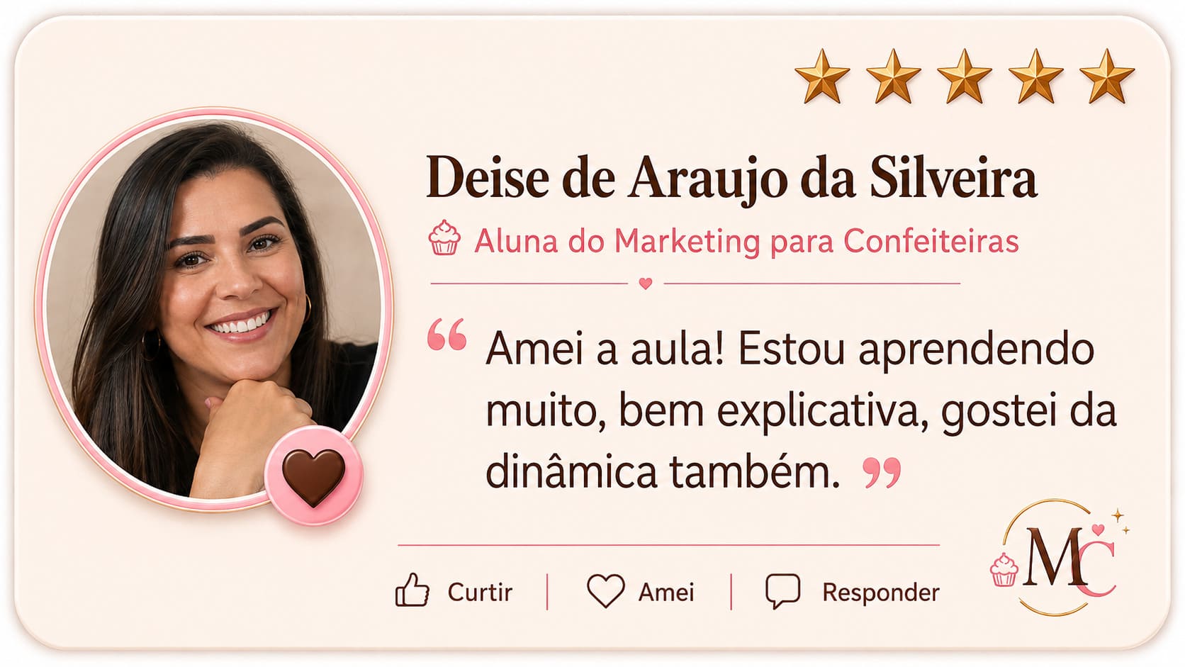 Comentário de aluna do Marketing para Confeiteiras