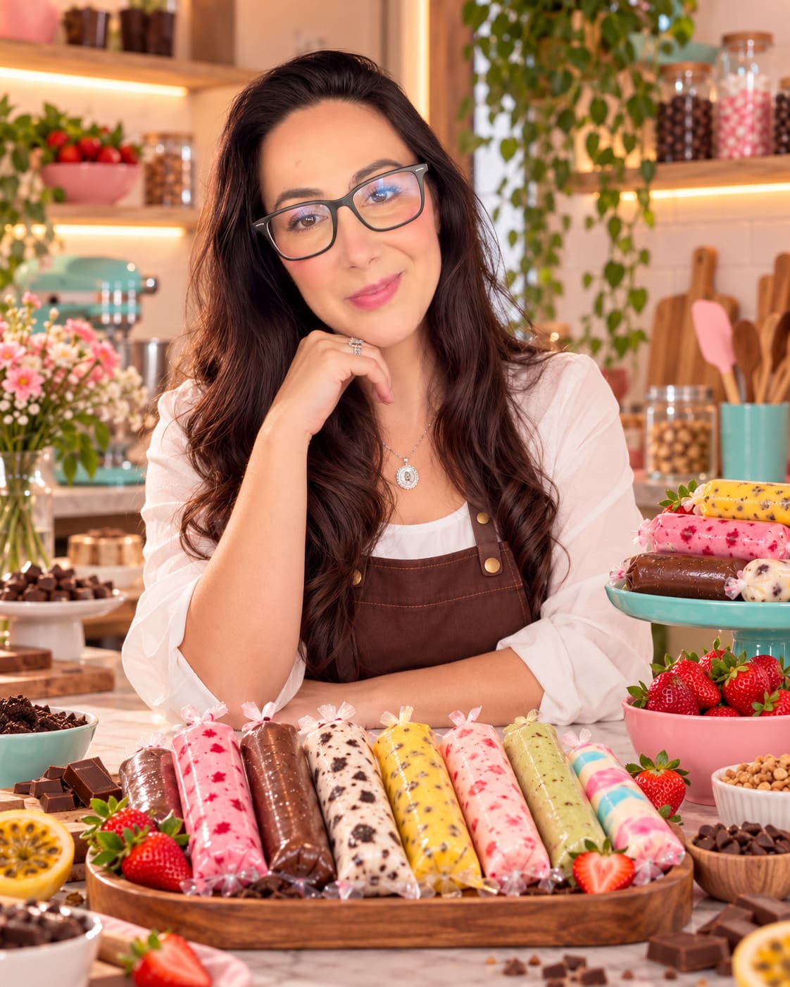 Marrara Bortoloti em seu ateliê com geladinhos gourmet